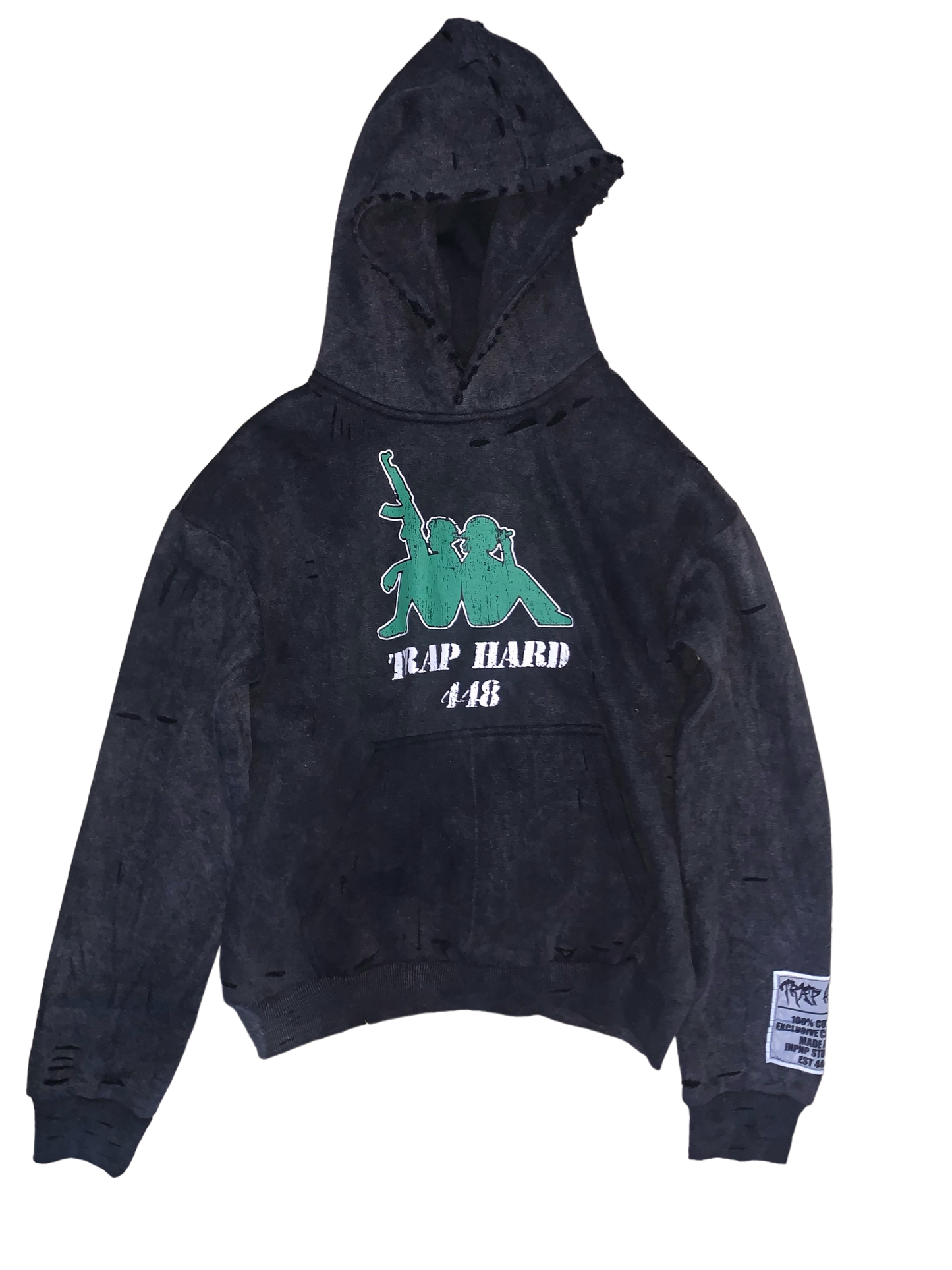 TRAP HARD Distressed Acid Wash Black & Green Pullover