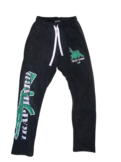 TRAP HARD Acid Wash Black & Green Sweatpants