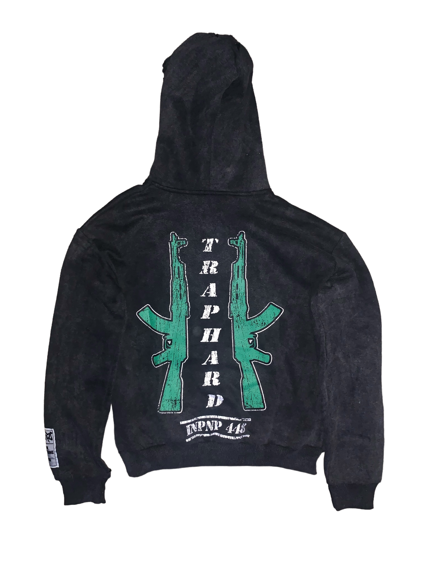 TRAP HARD Distressed Acid Wash Black & Green Pullover