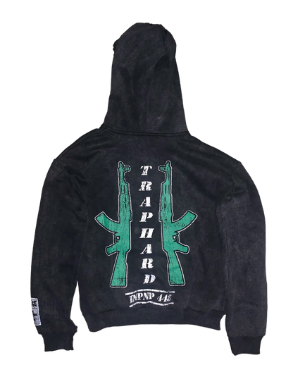 TRAP HARD Distressed Acid Wash Black & Green Pullover